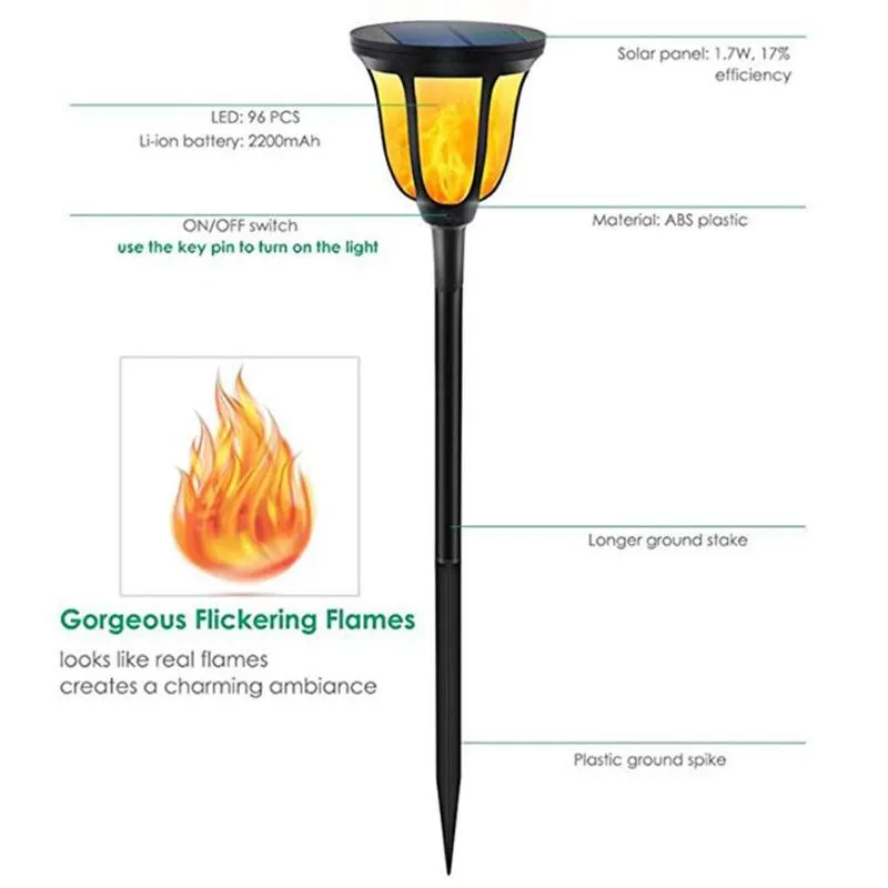 2pcs 96LED Solar Flickering Flame Light Outdoor Waterproof Yard Torch Lamp Colorful Shimmering Flame Glamorous Design