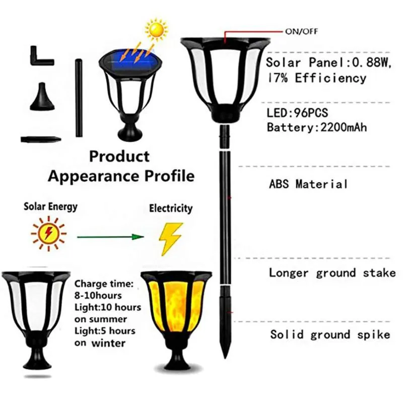 2pcs 96LED Solar Flickering Flame Light Outdoor Waterproof Yard Torch Lamp Colorful Shimmering Flame Glamorous Design