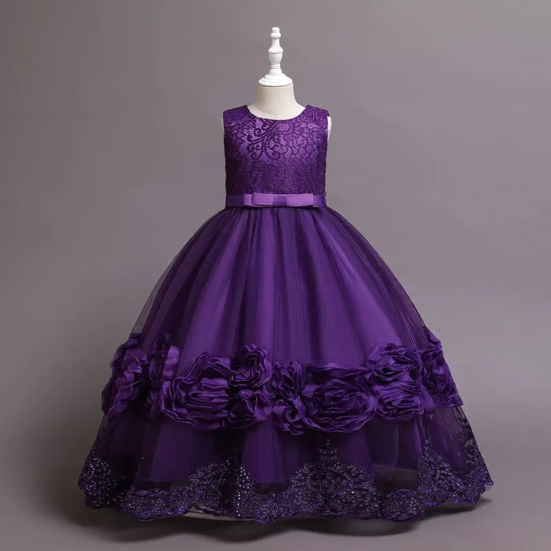 68066 2022 Puffy Evening Kids Costume Puffy Lace Princess Dresses Gauze Pompous Skirt Performance Piano Elegant Flower Baby Girl Dress