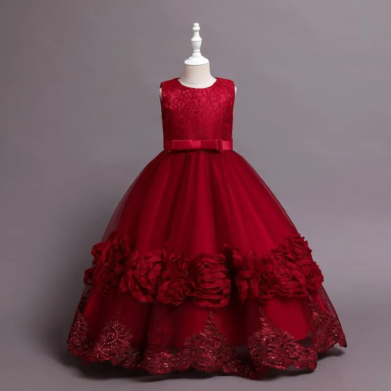 68066 2022 Puffy Evening Kids Costume Puffy Lace Princess Dresses Gauze Pompous Skirt Performance Piano Elegant Flower Baby Girl Dress