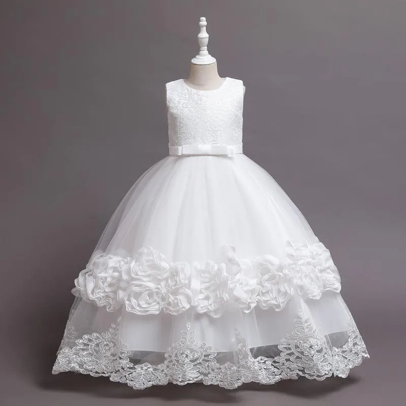 68066 2022 Puffy Evening Kids Costume Puffy Lace Princess Dresses Gauze Pompous Skirt Performance Piano Elegant Flower Baby Girl Dress