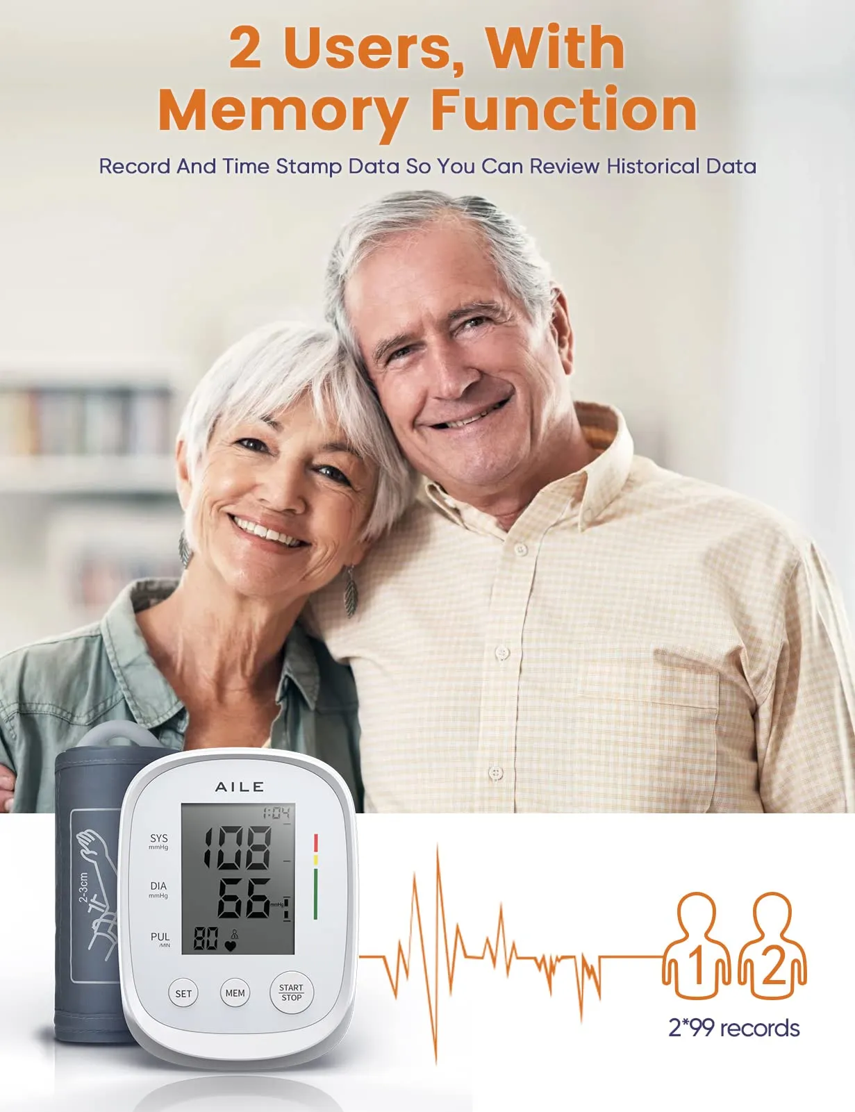 Blood Pressure Monitor,AILE blood pressure machine Upper Arm Large Cuff(8.7"-16.5"Adjustable),automatic high blood pressure cuff for home use,(BP)blood pressure monitor,2*99 memory,Easy to use/travel White