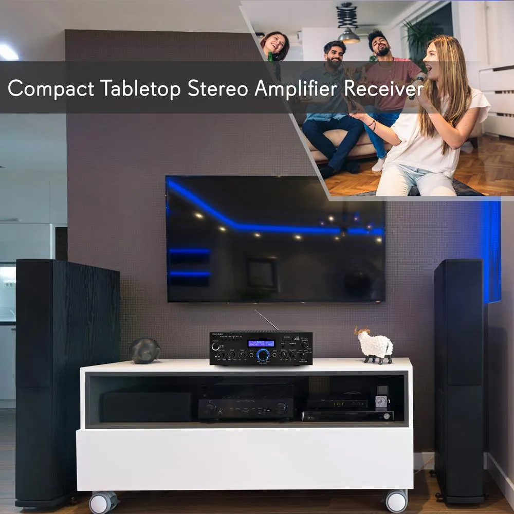 Compact Bluetooth Stereo Amplifier - Home Desktop Stereo Receiver System With Fm Radio, Mp3/Usb/Sd/Aux (200 Watt)