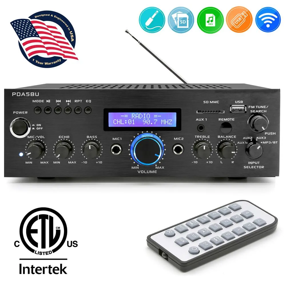 Compact Bluetooth Stereo Amplifier - Home Desktop Stereo Receiver System With Fm Radio, Mp3/Usb/Sd/Aux (200 Watt)