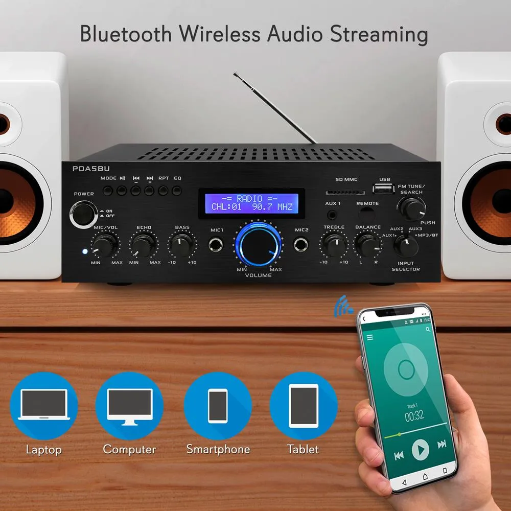 Compact Bluetooth Stereo Amplifier - Home Desktop Stereo Receiver System With Fm Radio, Mp3/Usb/Sd/Aux (200 Watt)