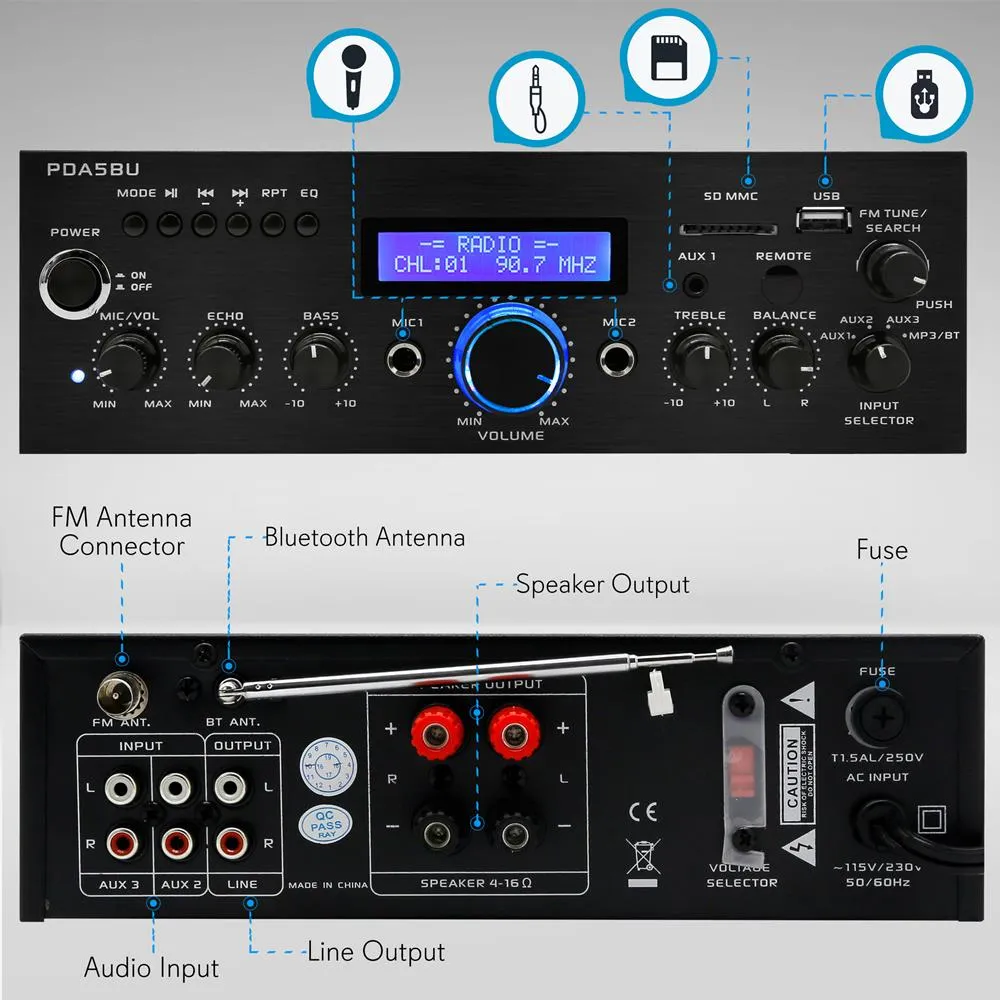 Compact Bluetooth Stereo Amplifier - Home Desktop Stereo Receiver System With Fm Radio, Mp3/Usb/Sd/Aux (200 Watt)