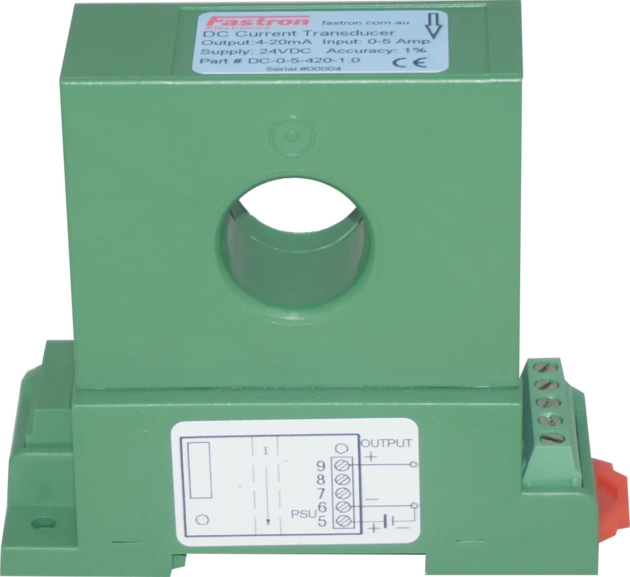 DC-0-5-420-1.0, Hall Effect DC Current Transducer, 0-5 Amp DC, 4-20mA Unipolar output, 24VDC supply