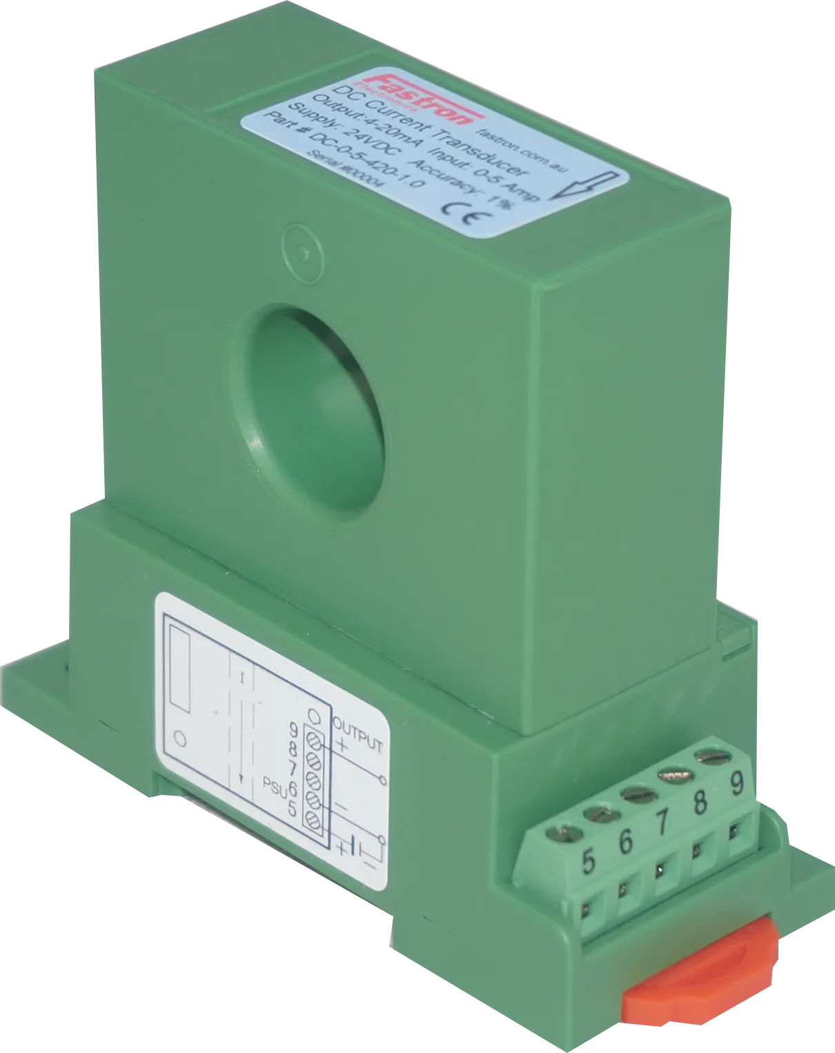 DC-0-5-420-1.0, Hall Effect DC Current Transducer, 0-5 Amp DC, 4-20mA Unipolar output, 24VDC supply