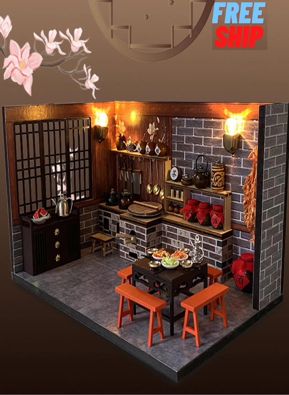 DIY 3D Miniature Traditional Chinese Kitchen With LED Light House Kit