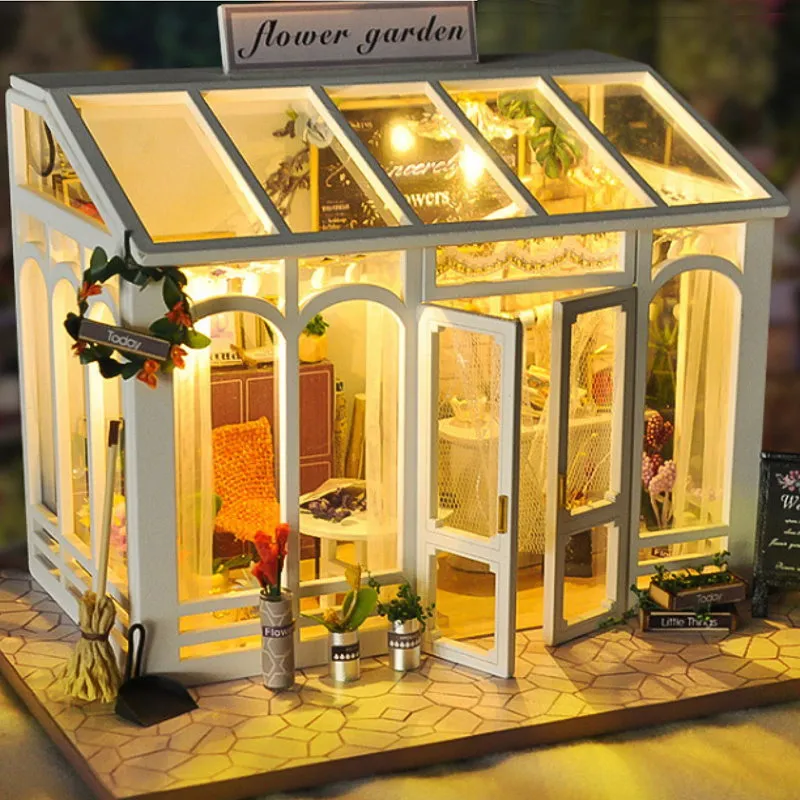 DIY 3D Wooden Miniature Flower House With LED Light House Kit