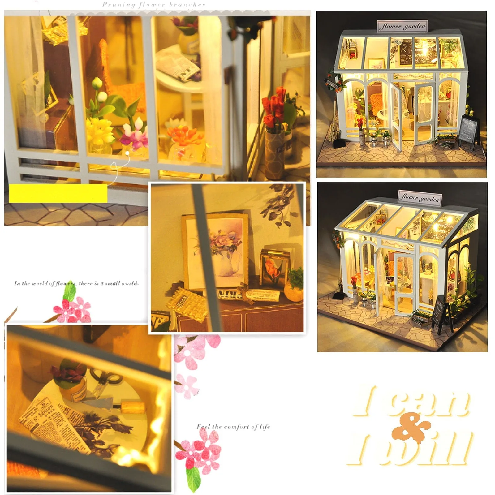 DIY 3D Wooden Miniature Flower House With LED Light House Kit