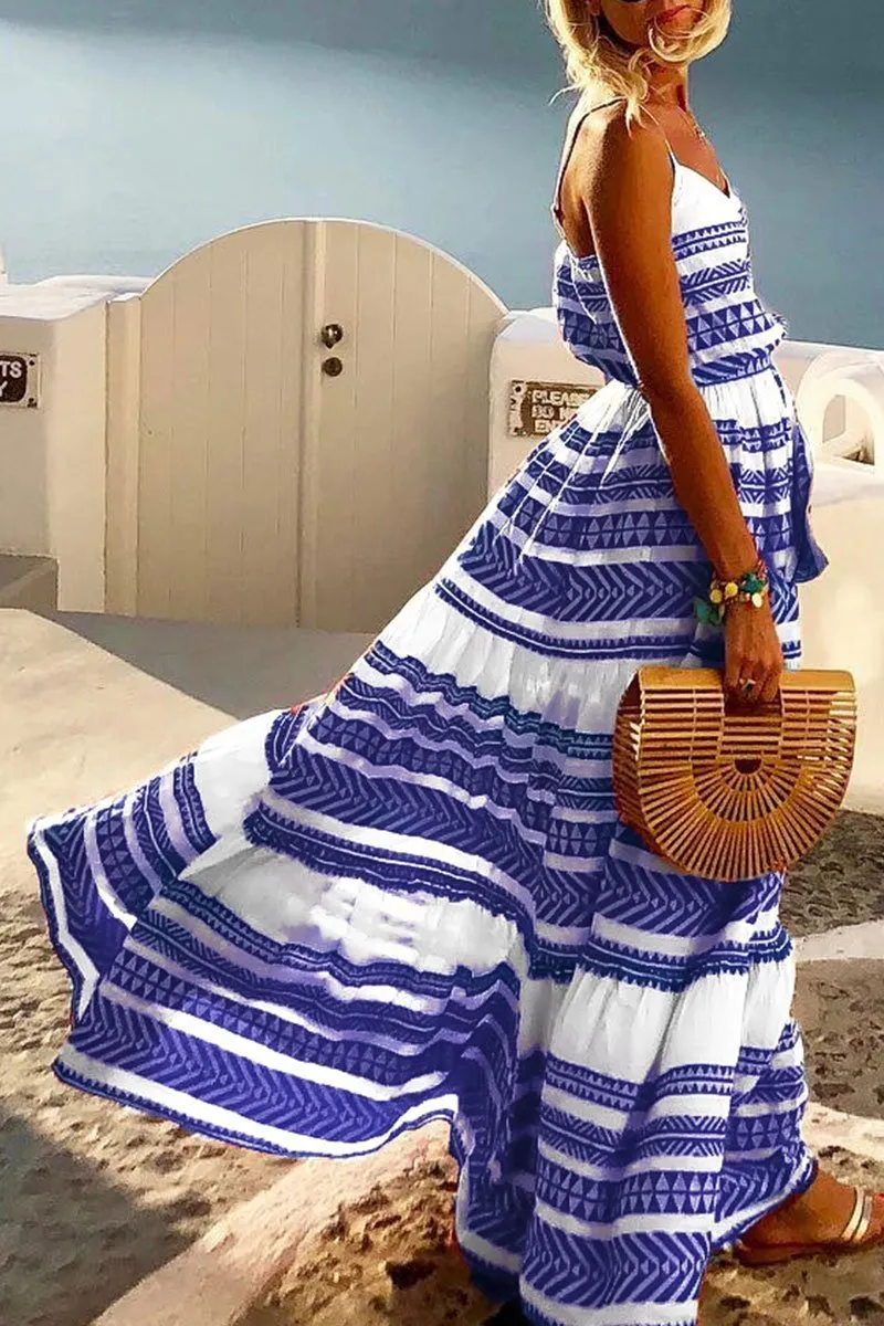 Dunnmall Geometric Printed Casual Maxi Dress