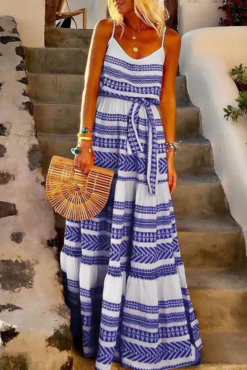 Dunnmall Geometric Printed Casual Maxi Dress