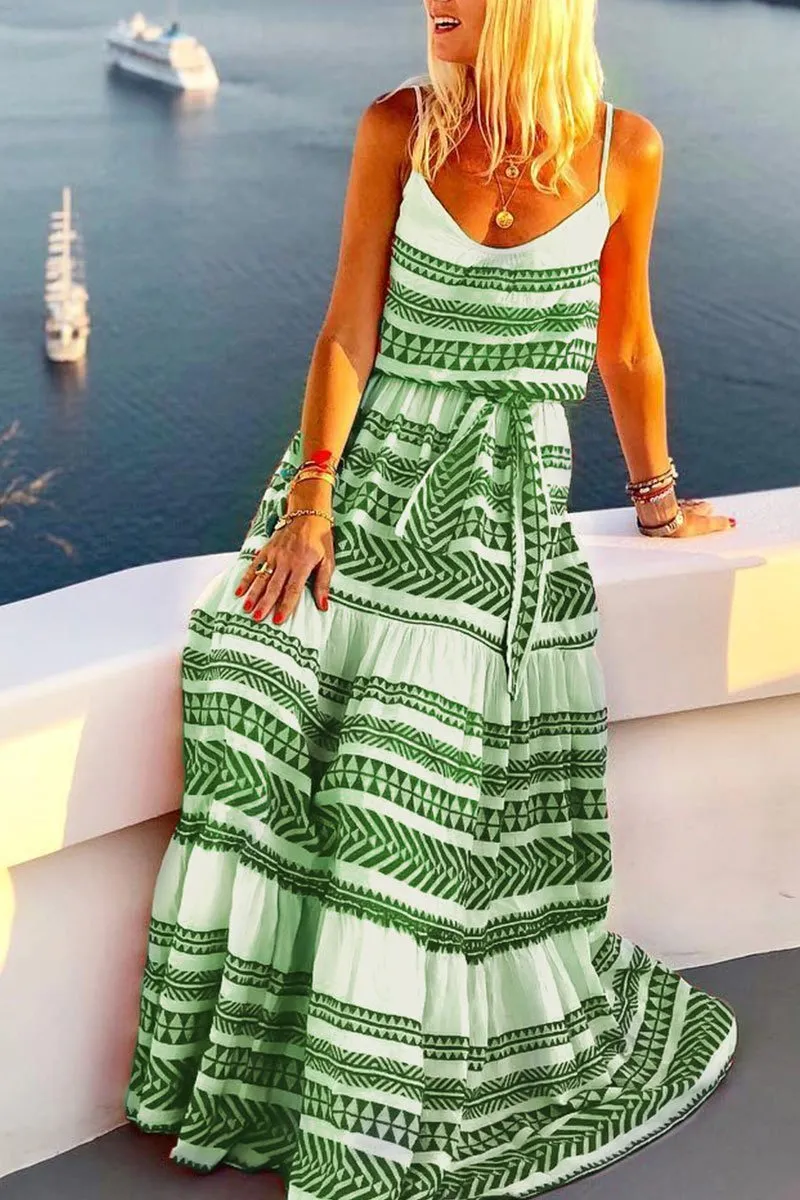Dunnmall Geometric Printed Casual Maxi Dress