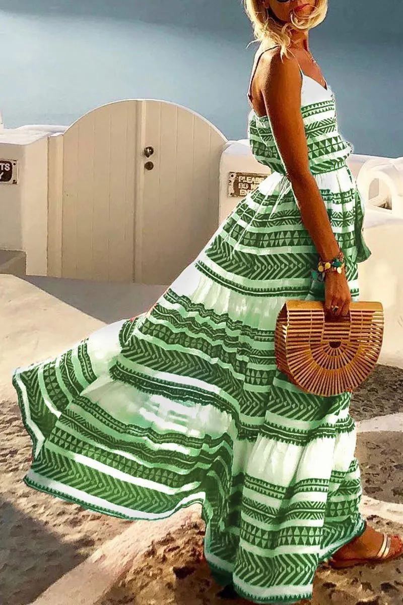 Dunnmall Geometric Printed Casual Maxi Dress