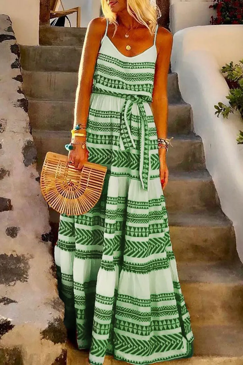 Dunnmall Geometric Printed Casual Maxi Dress
