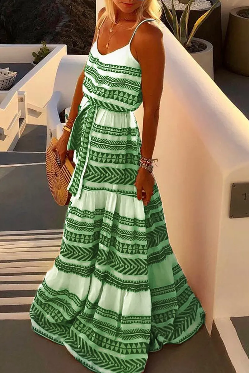 Dunnmall Geometric Printed Casual Maxi Dress