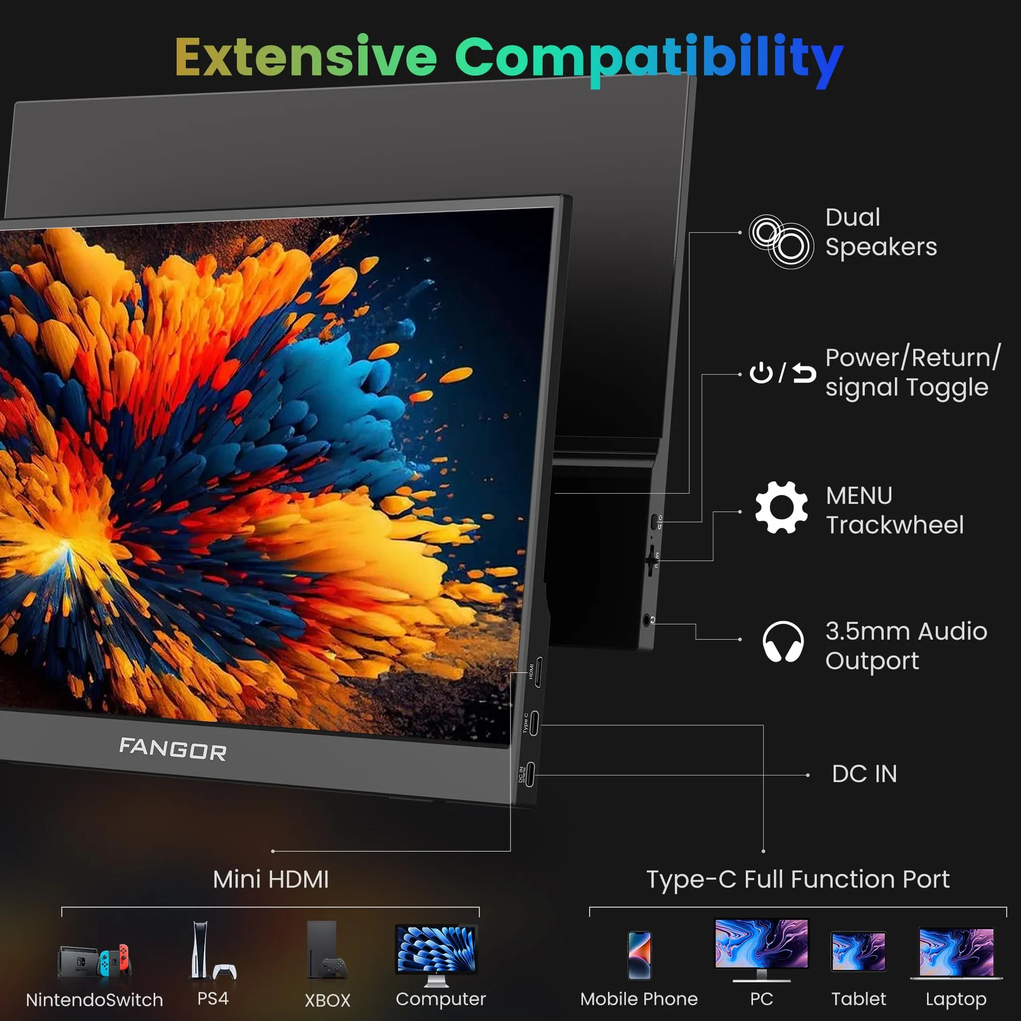 FANGOR Portable Monitor, 15.6" FHD 1080P Travel Monitor for Laptop, Ultra-Slim HDR IPS Computer Gaming Display, USB-C HDMI Screen Extender with Smart Cover for Laptop PC Phone Mac Xbox PS4/5 Switch