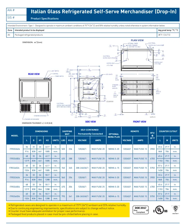 Federal Industries (ITRSS3626)-Italian Series Self Serve Drop-In Refrigerated Open Air Display with Shelves 120V