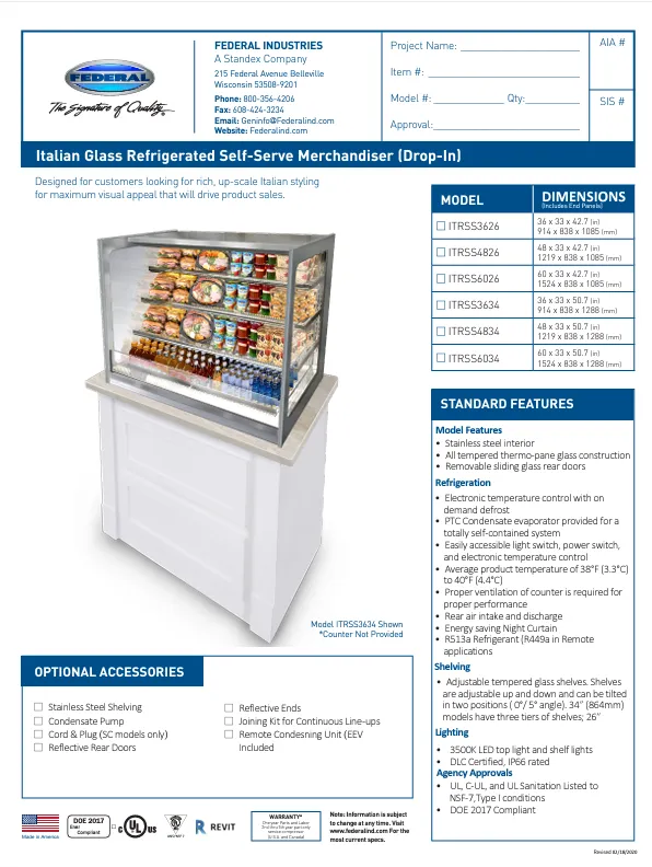 Federal Industries (ITRSS3626)-Italian Series Self Serve Drop-In Refrigerated Open Air Display with Shelves 120V