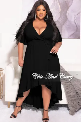 Final Sale Plus Size Faux Wrap High-Low Dress with Waist Tie in Black