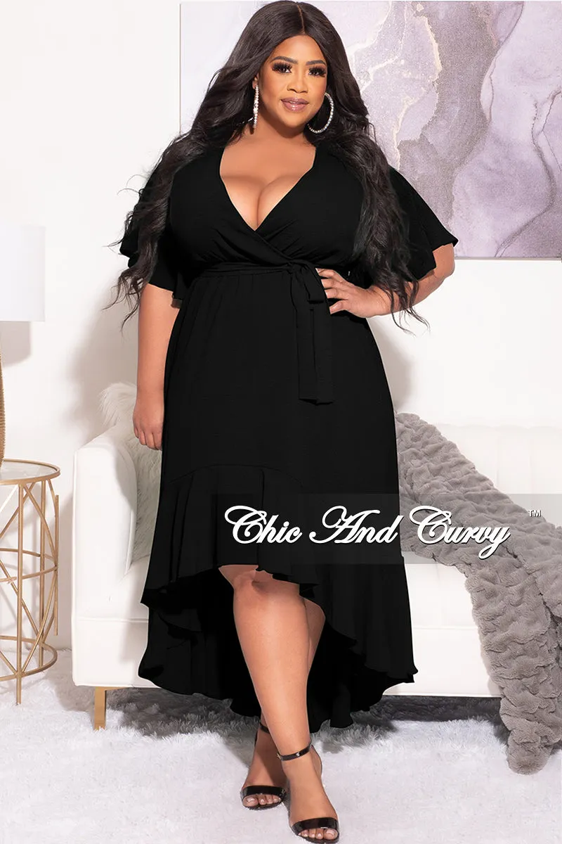 Final Sale Plus Size Faux Wrap High-Low Dress with Waist Tie in Black
