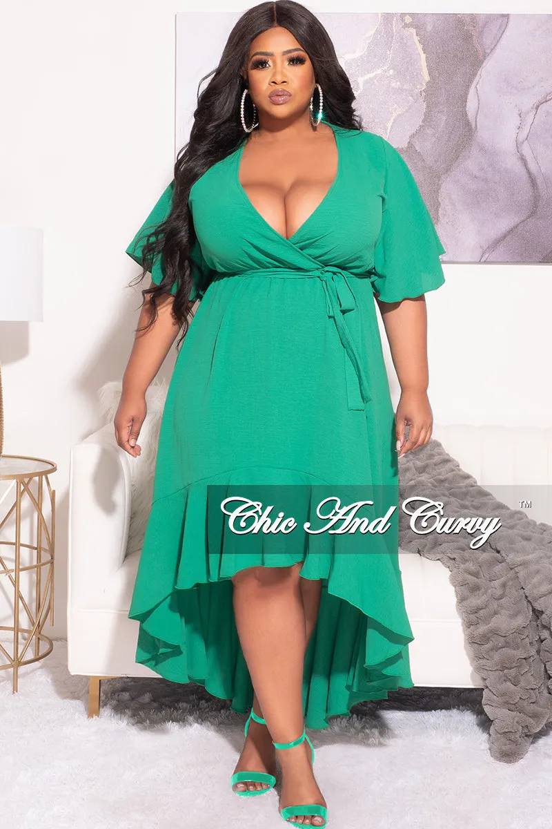 Final Sale Plus Size Faux Wrap High-Low Dress with Waist Tie in Green