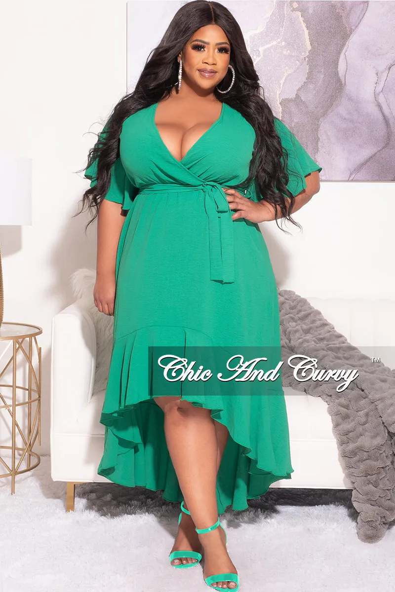 Final Sale Plus Size Faux Wrap High-Low Dress with Waist Tie in Green