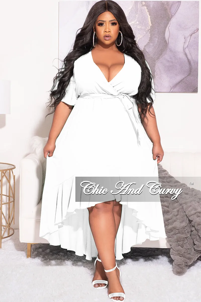 Final Sale Plus Size Faux Wrap High-Low Dress with Waist Tie in White