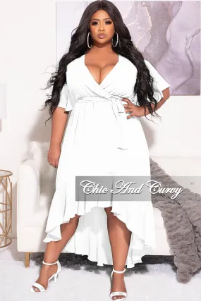Final Sale Plus Size Faux Wrap High-Low Dress with Waist Tie in White
