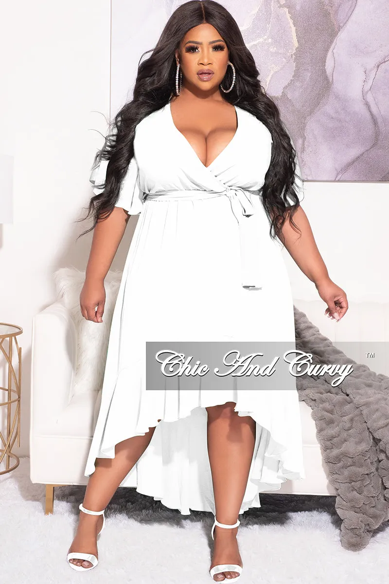 Final Sale Plus Size Faux Wrap High-Low Dress with Waist Tie in White