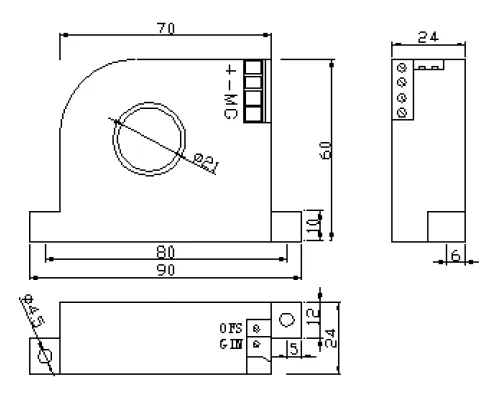 FTA-010-420-24, DC Current Transducer, 0-10 Amp , 4-20mA Unipolar Output, 24VDC supply, 21mm Aperture