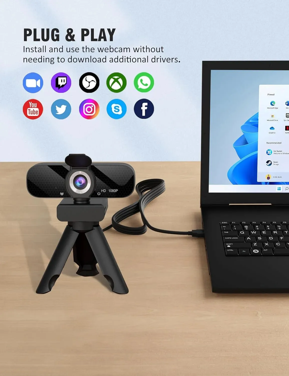 Full HD 1080P Webcam with Privacy Shutter, Tripod, Mic for PC/Laptop