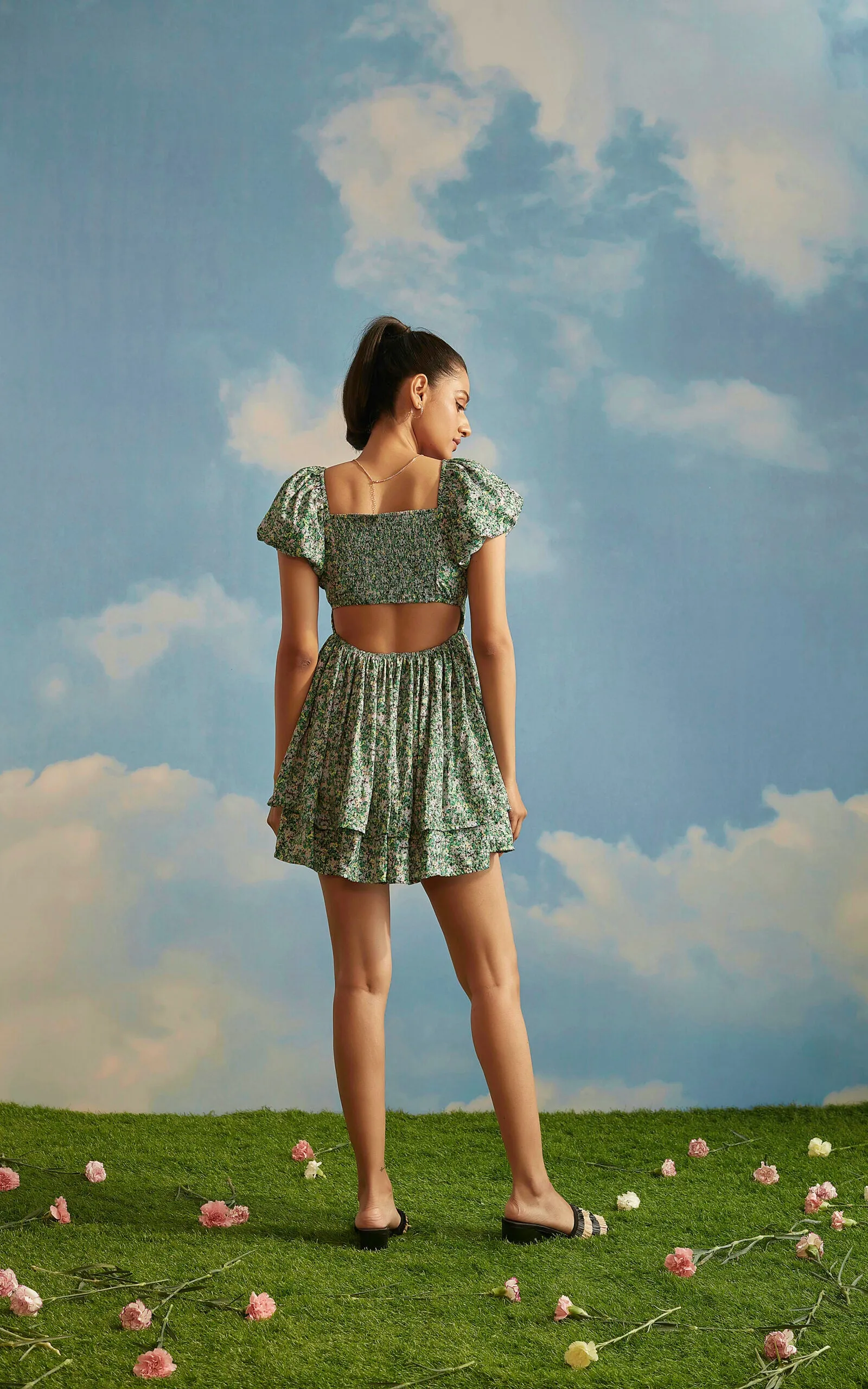 Green Floral Puff Sleeve Front Cut-Out Dress