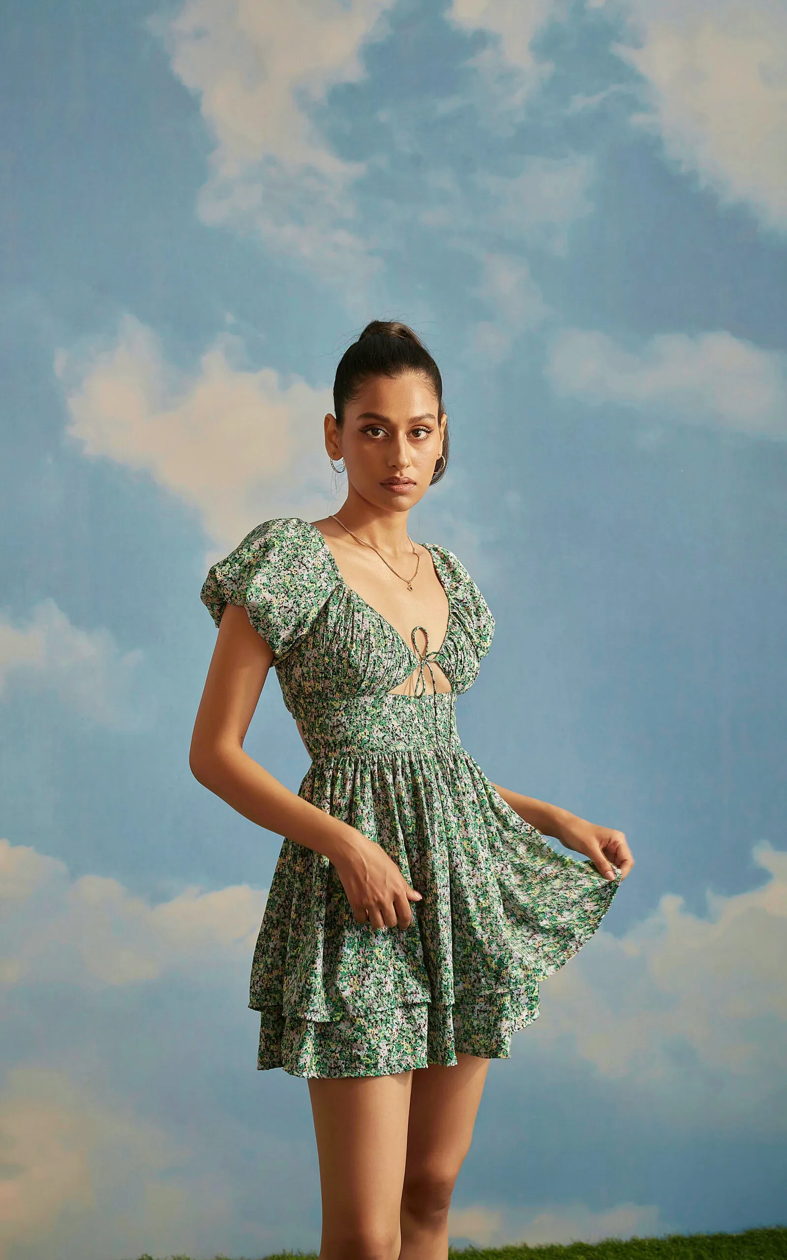 Green Floral Puff Sleeve Front Cut-Out Dress
