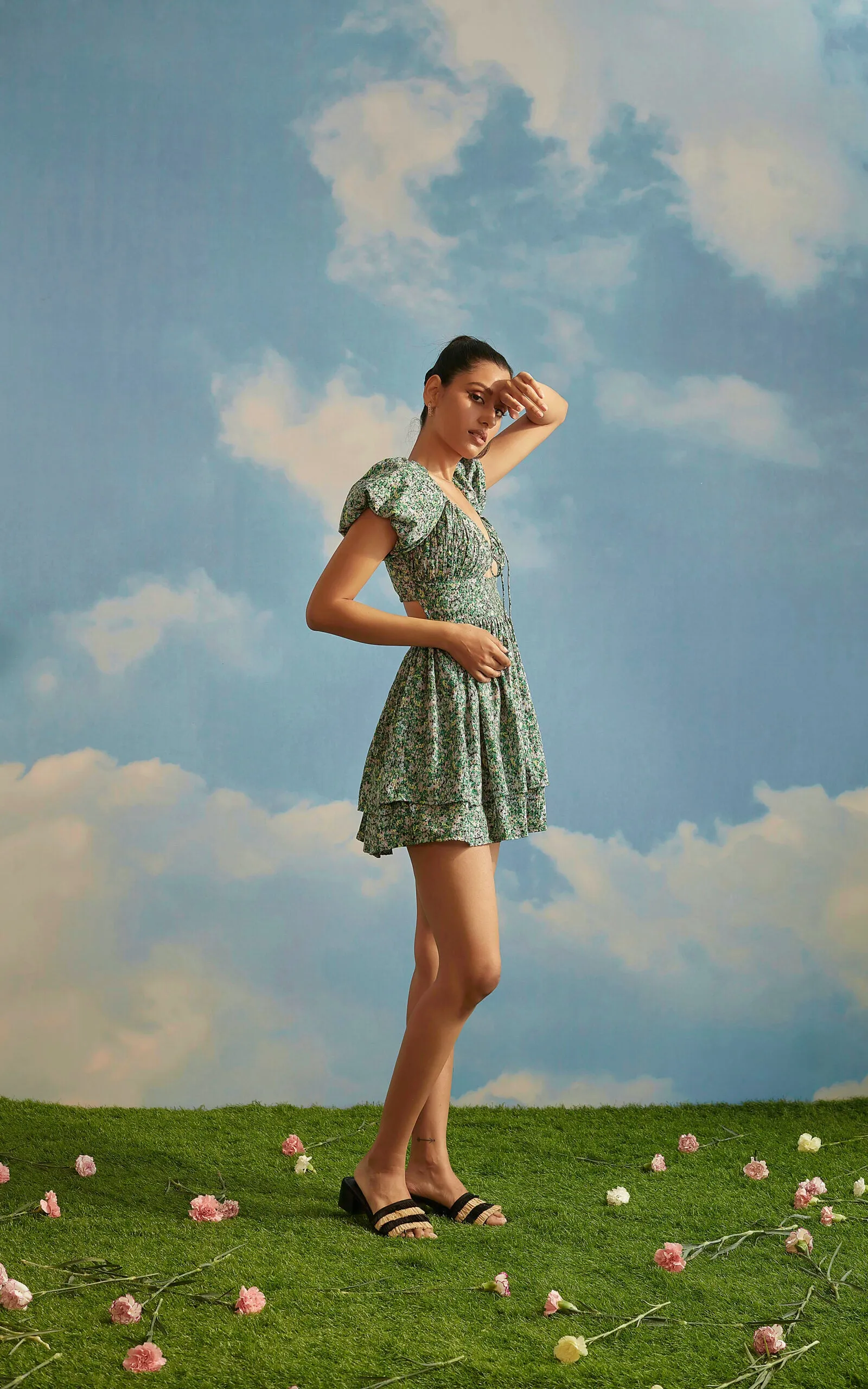 Green Floral Puff Sleeve Front Cut-Out Dress