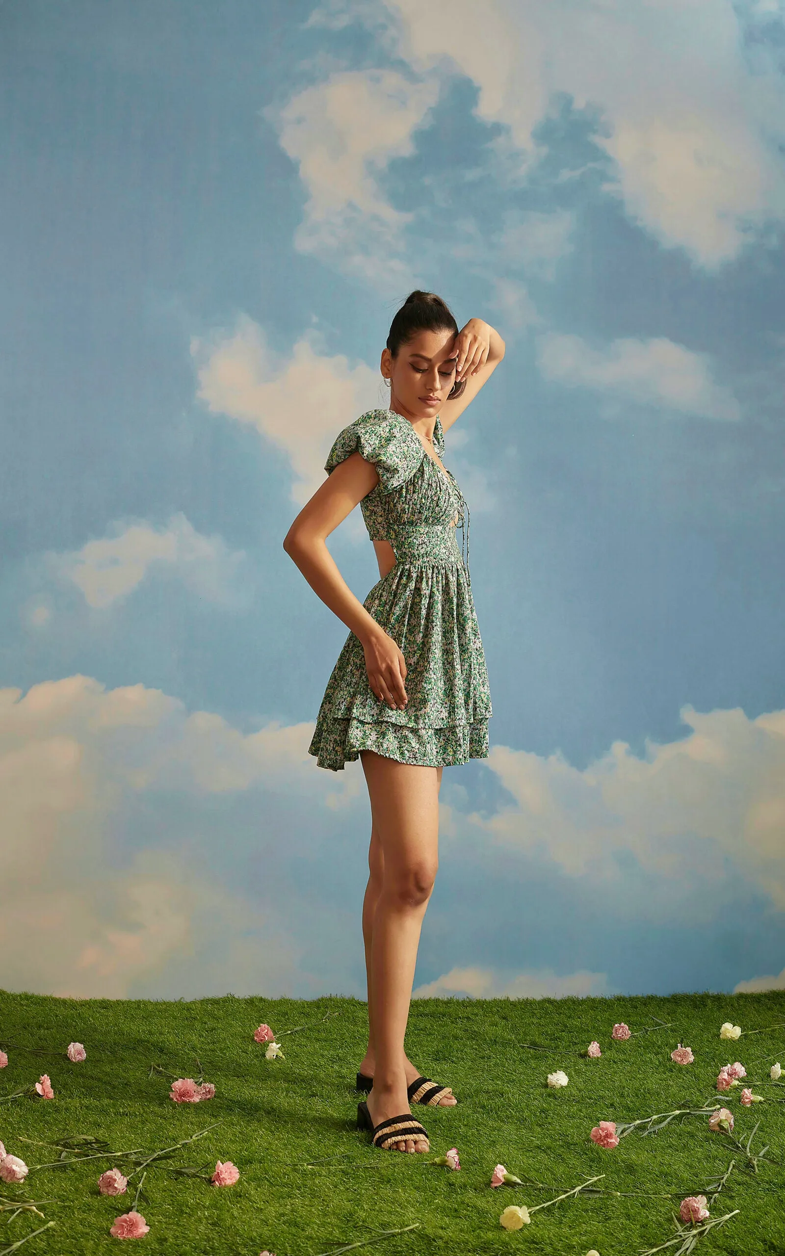 Green Floral Puff Sleeve Front Cut-Out Dress