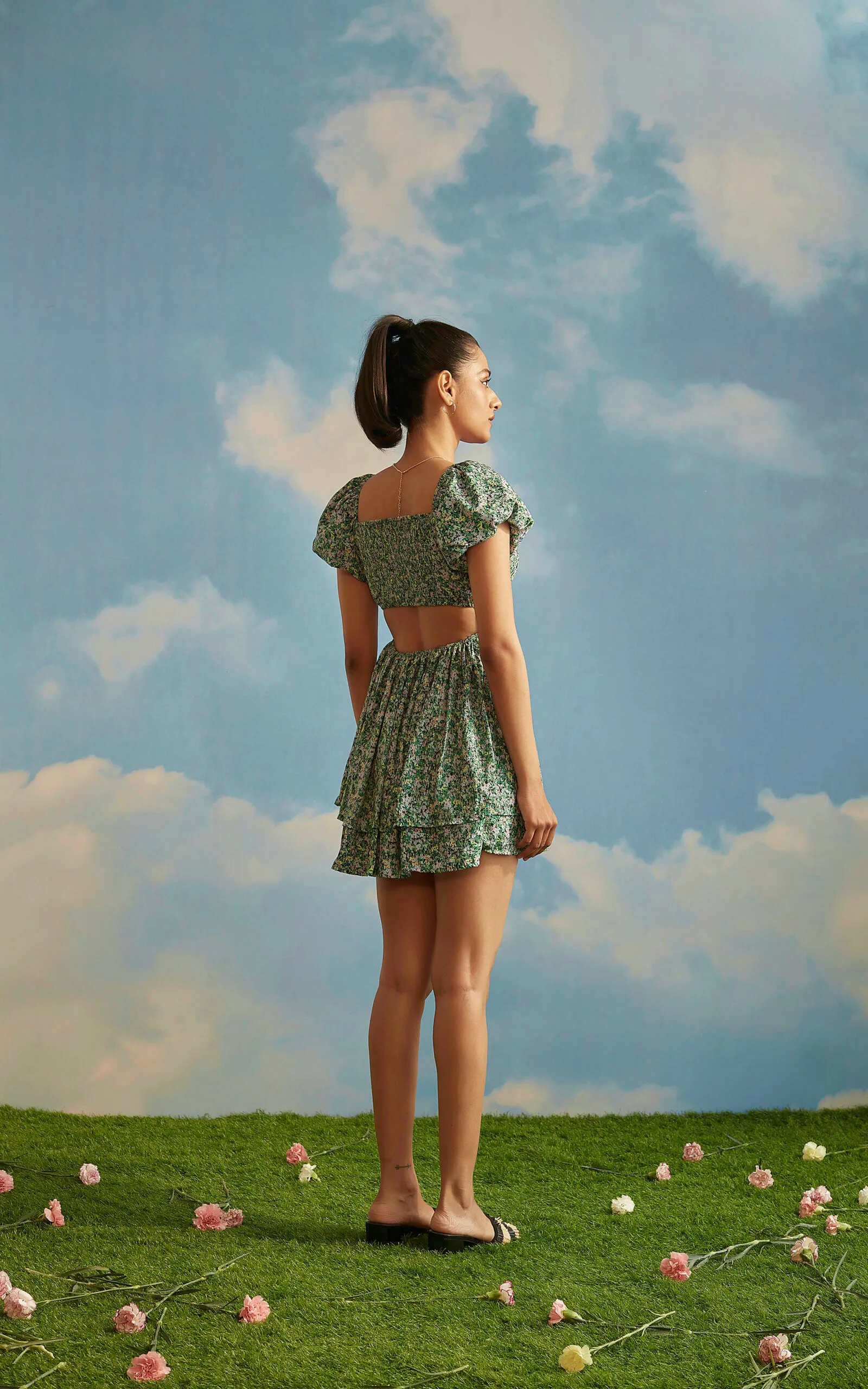 Green Floral Puff Sleeve Front Cut-Out Dress