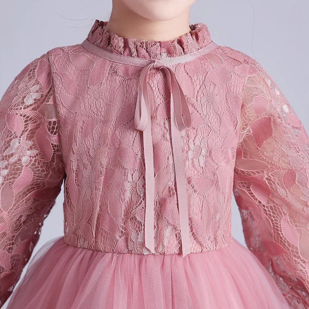HP049 Outong Yoliyolei Birthday Pageant Party Lantern Sleeve Embroidery Formal Swan Lace Baby Dress Flower Girl Dress With Big Bow