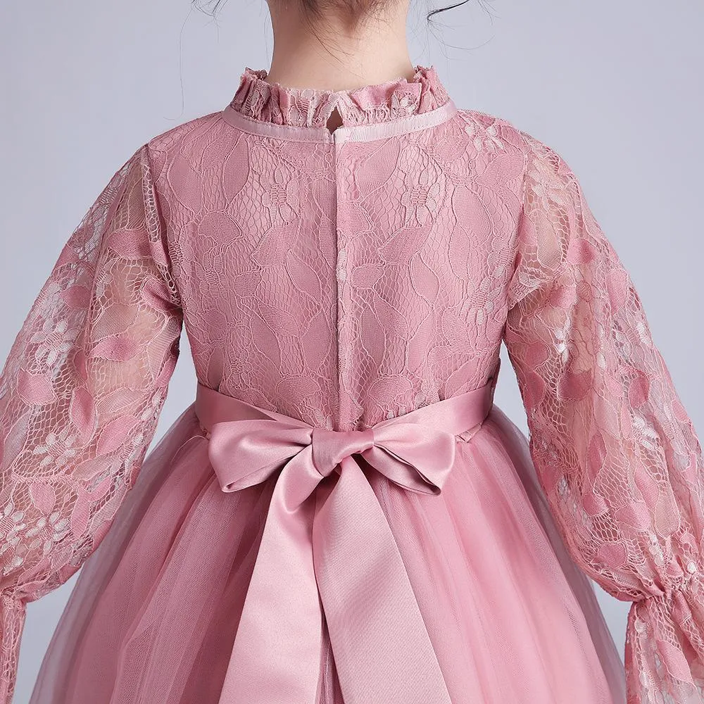 HP049 Outong Yoliyolei Birthday Pageant Party Lantern Sleeve Embroidery Formal Swan Lace Baby Dress Flower Girl Dress With Big Bow