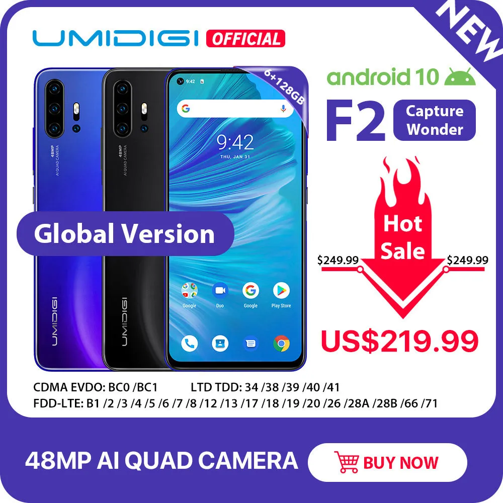 IN STOCK UMIDIGI F2 Android 10 Global Version 6.53"FHD 6GB 128GB 48MP AI Quad Camera 32MP Selfie Helio P70 Cellphone 5150mAh NFC