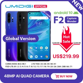 IN STOCK UMIDIGI F2 Android 10 Global Version 6.53"FHD 6GB 128GB 48MP AI Quad Camera 32MP Selfie Helio P70 Cellphone 5150mAh NFC