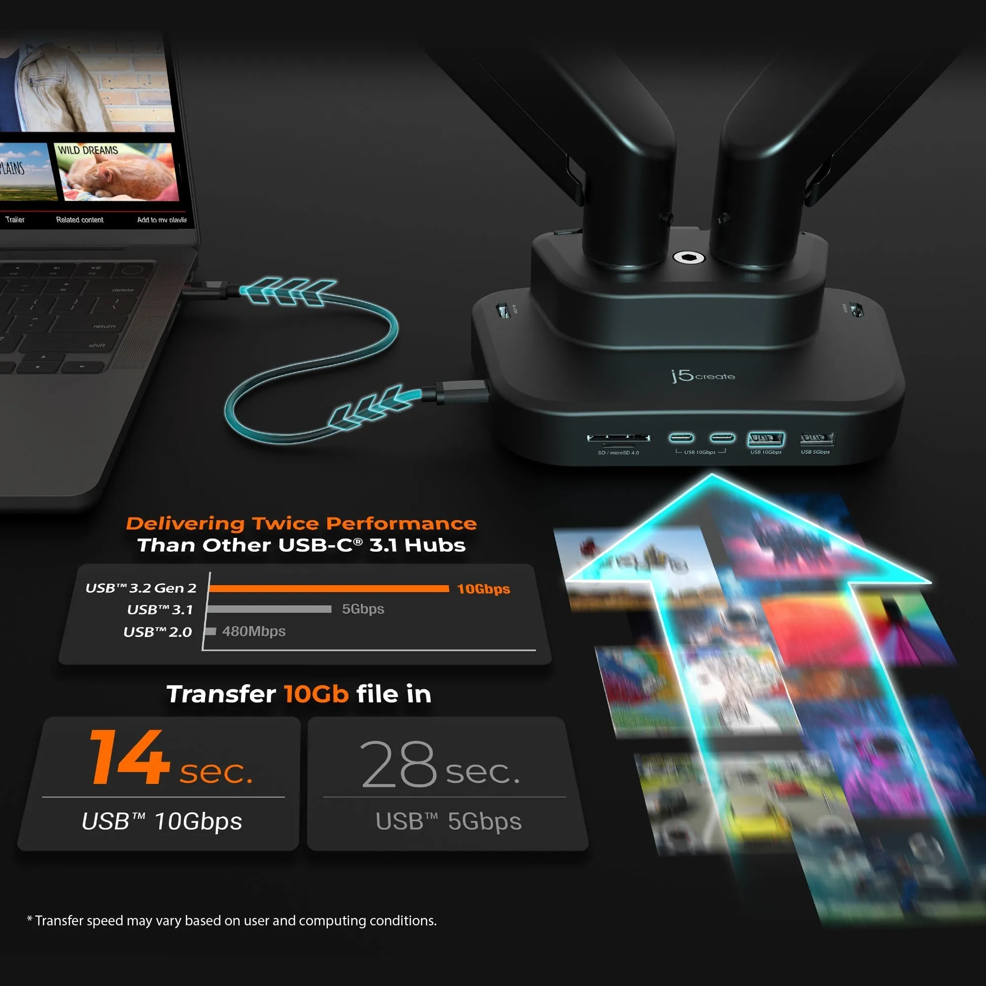 j5create Ergonomic Dual-Monitor Mount with Docking Station, JTSA302