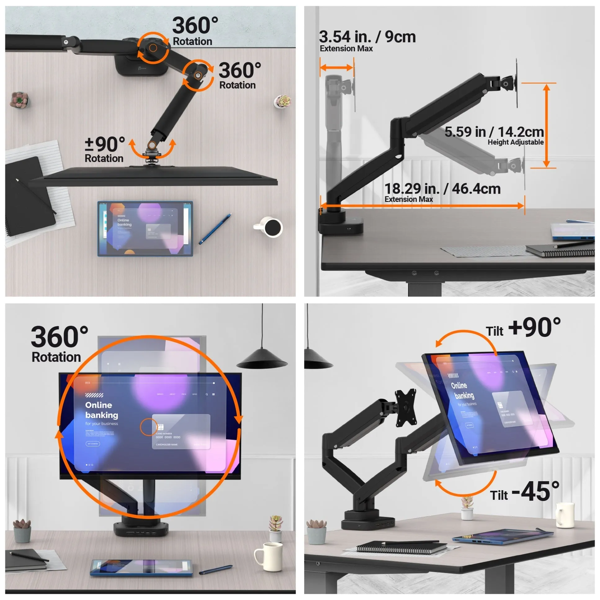 j5create Ergonomic Dual-Monitor Mount with Docking Station, JTSA302