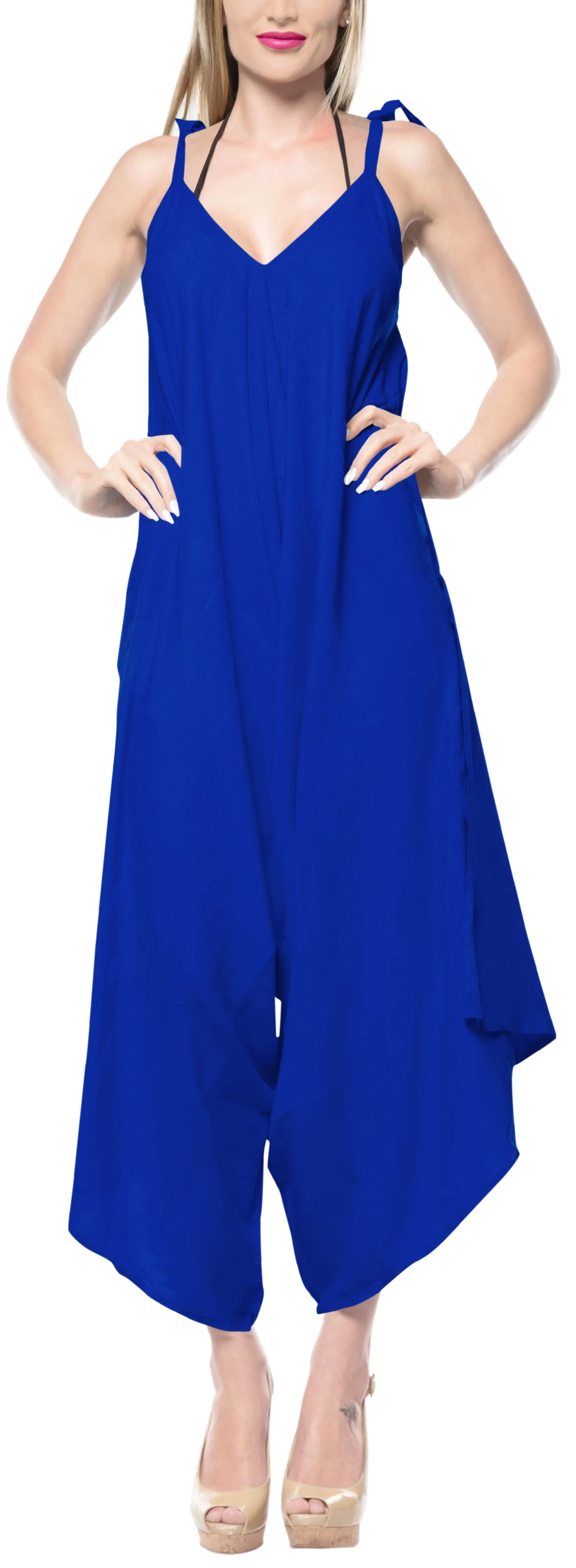 LA LEELA Beach Dress Solid Knee Slit Club Stretchy OSFM 14-16  Royal Blue_3430
