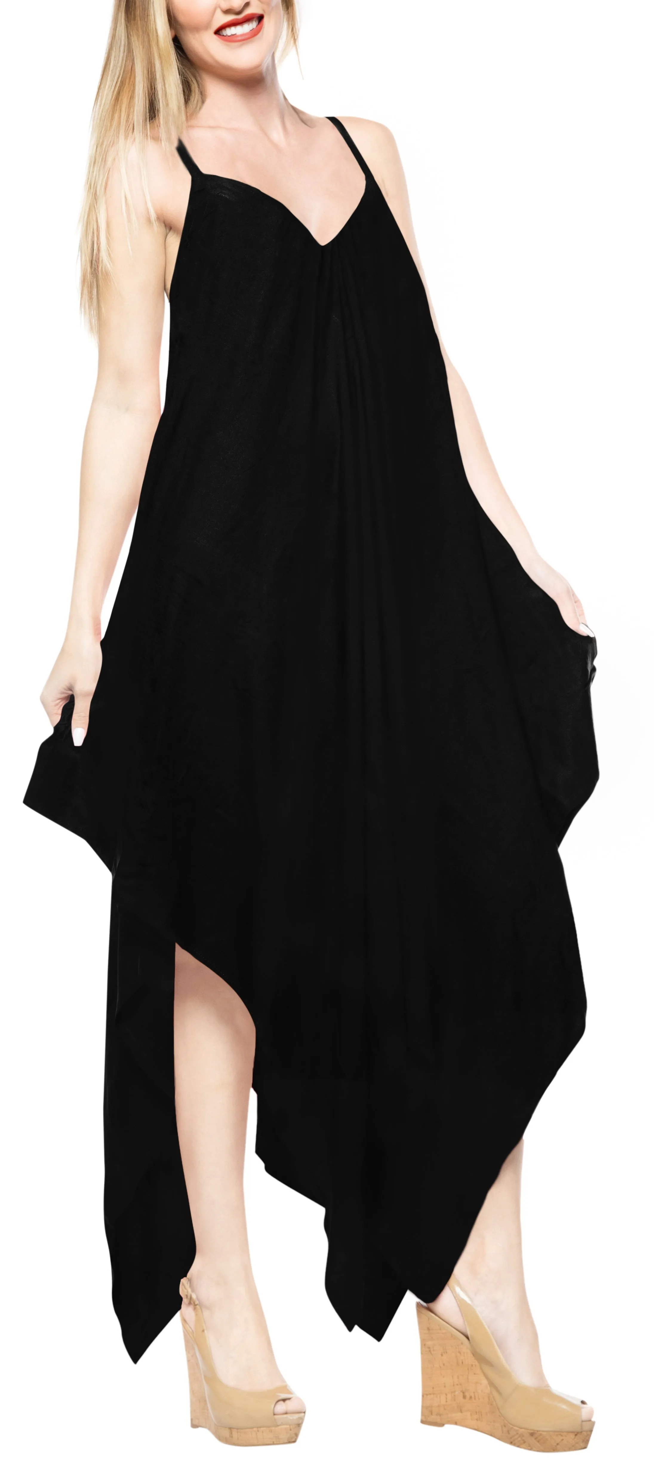 LA LEELA Beach Dress Solid Tropical Skirt Halter Swimsuit OSFM 14-16  Black_3422
