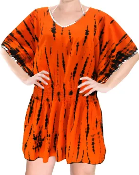 LA LEELA Bikni Swimwear Cover ups Rayon Tie_Dye Short Caftan Plains Orange_1430 OSFM 14-18 [L-XL]