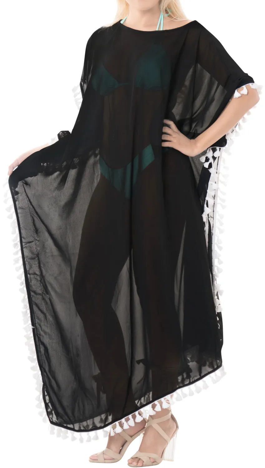 LA LEELA Chiffon Solid Long Caftan Dress Women Black_4114 OSFM 14-18W [L-2X]