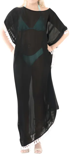 LA LEELA Chiffon Solid Long Caftan Dress Women Black_4114 OSFM 14-18W [L-2X]