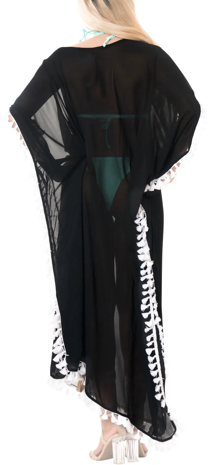 LA LEELA Chiffon Solid Long Caftan Dress Women Black_4114 OSFM 14-18W [L-2X]